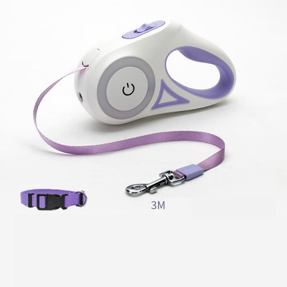 Retractable dog leash with purple handle, collar, and leash on a white background